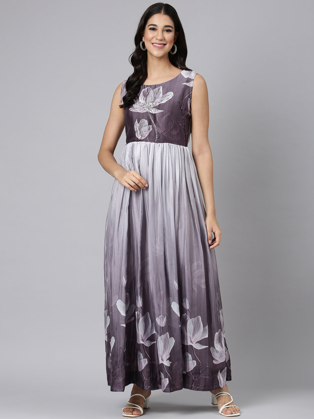 Neerus Grey Floral Printed Silk Maxi Dress for Casual Women Neerus India Neerus Grey Floral Printed Silk Maxi Dress for Casual Women Neerus India