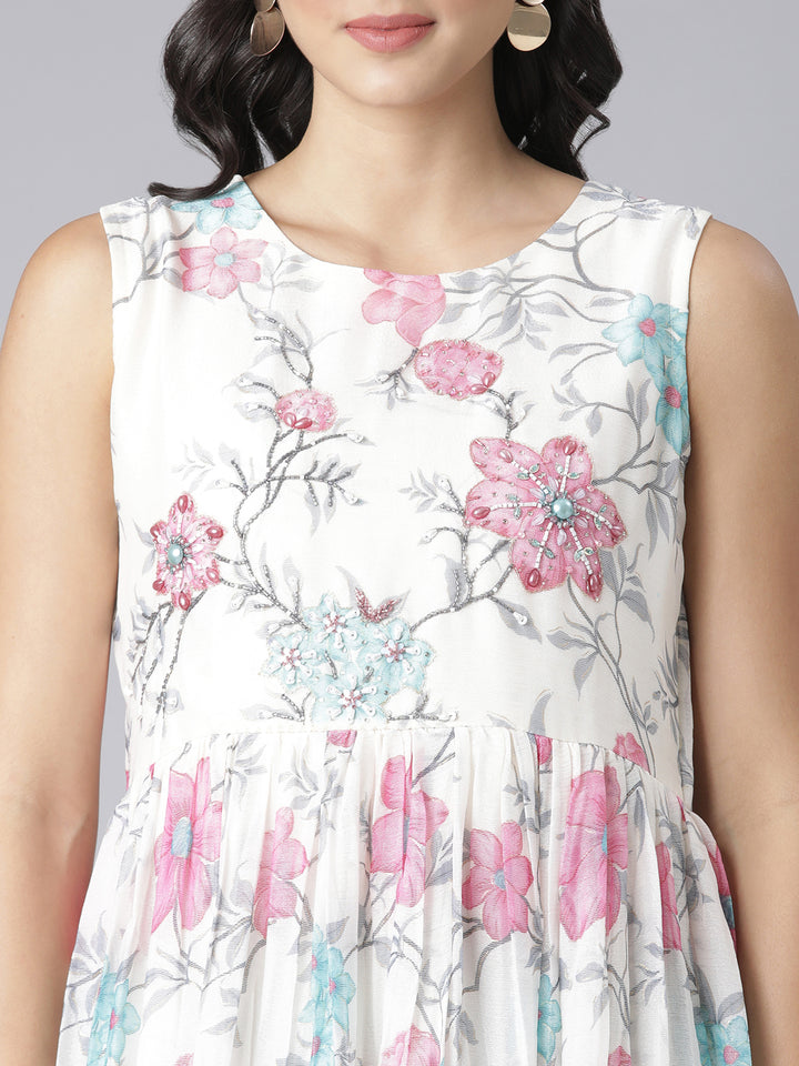 Neerus Cream Casual Floral Maxi Dresses