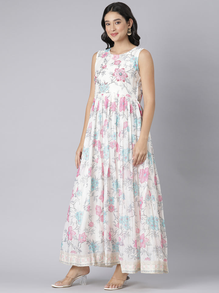Neerus Cream Casual Floral Maxi Dresses