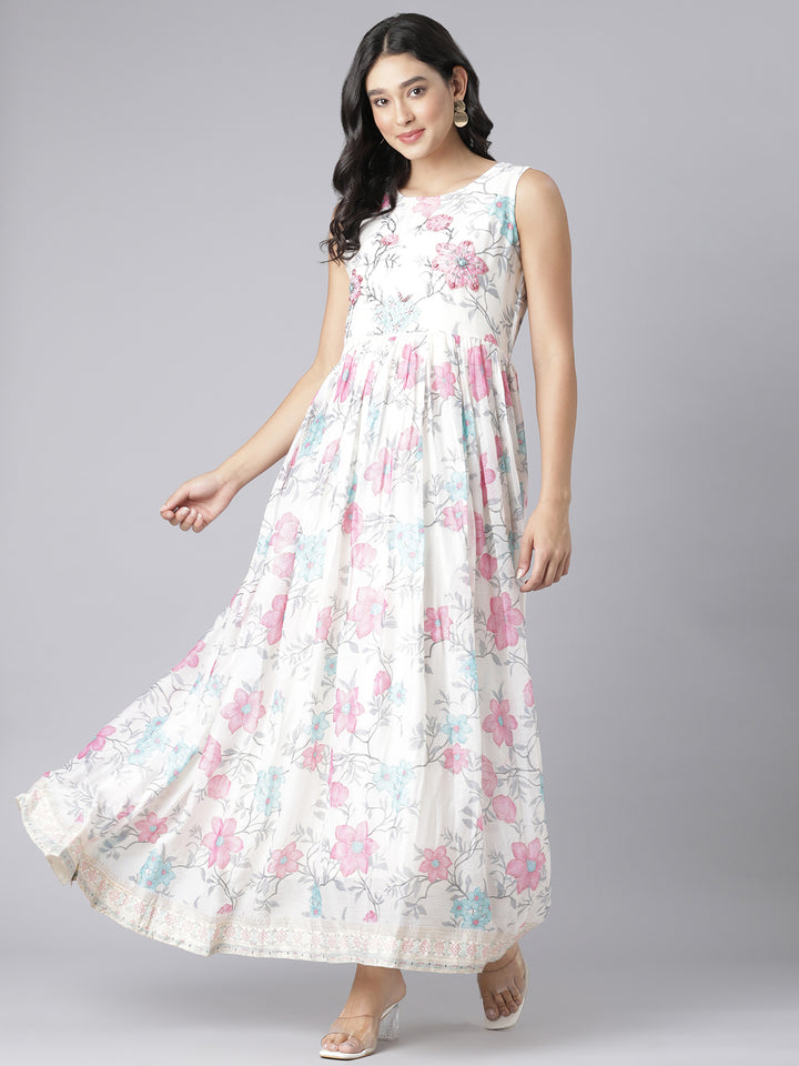 Neerus Cream Casual Floral Maxi Dresses