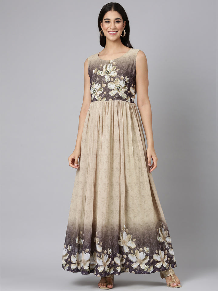 Neerus Beige Casual Floral Maxi Dresses