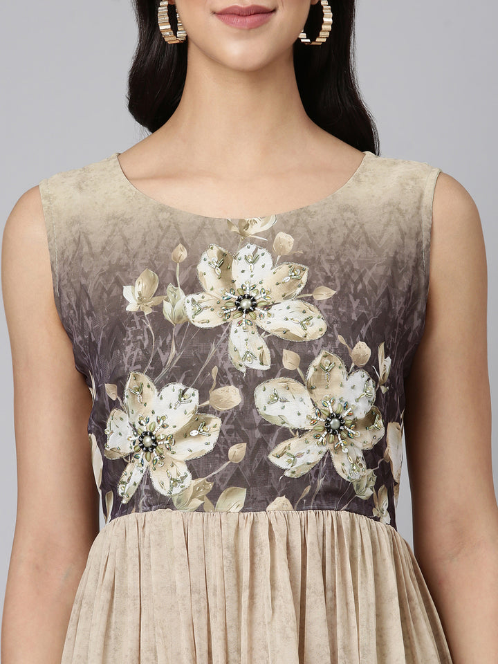 Neerus Beige Casual Floral Maxi Dresses