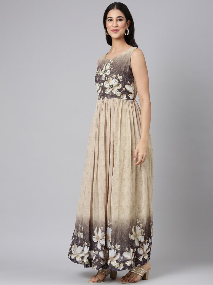 Neerus Beige Casual Floral Maxi Dresses