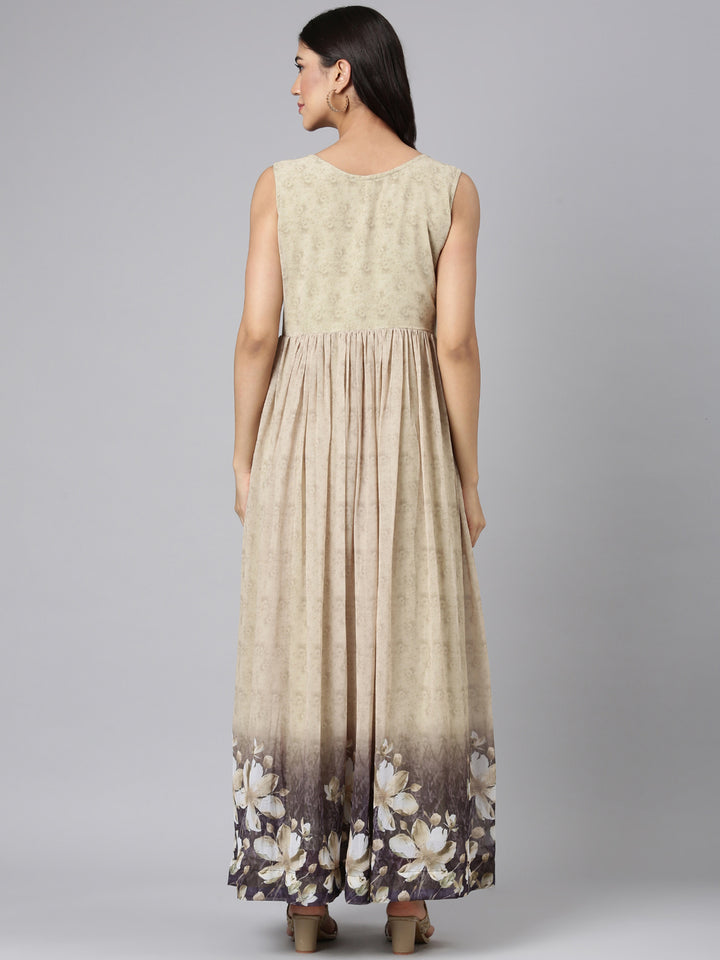Neerus Beige Casual Floral Maxi Dresses
