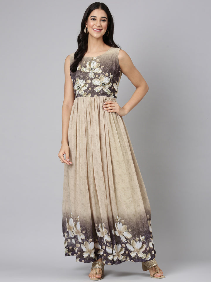 Neerus Beige Casual Floral Maxi Dresses