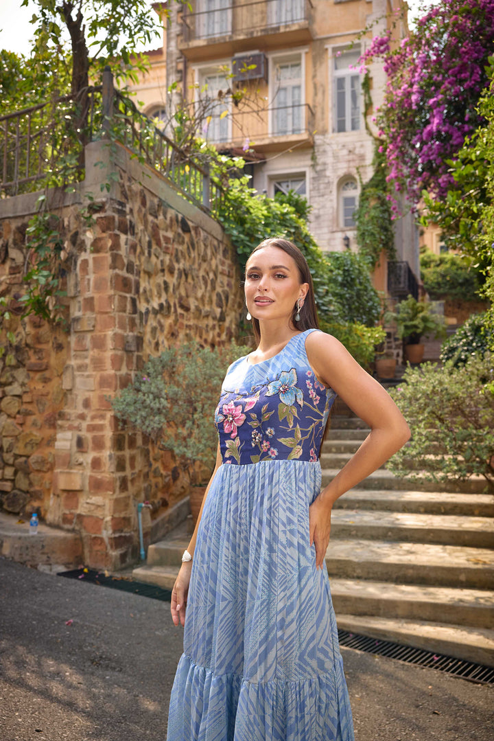 Neerus Blue Casual Maxi Chevron Dresses