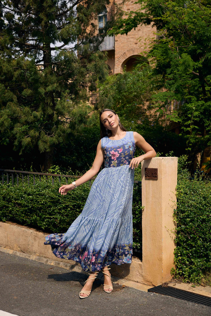 Neerus Blue Casual Maxi Chevron Dresses