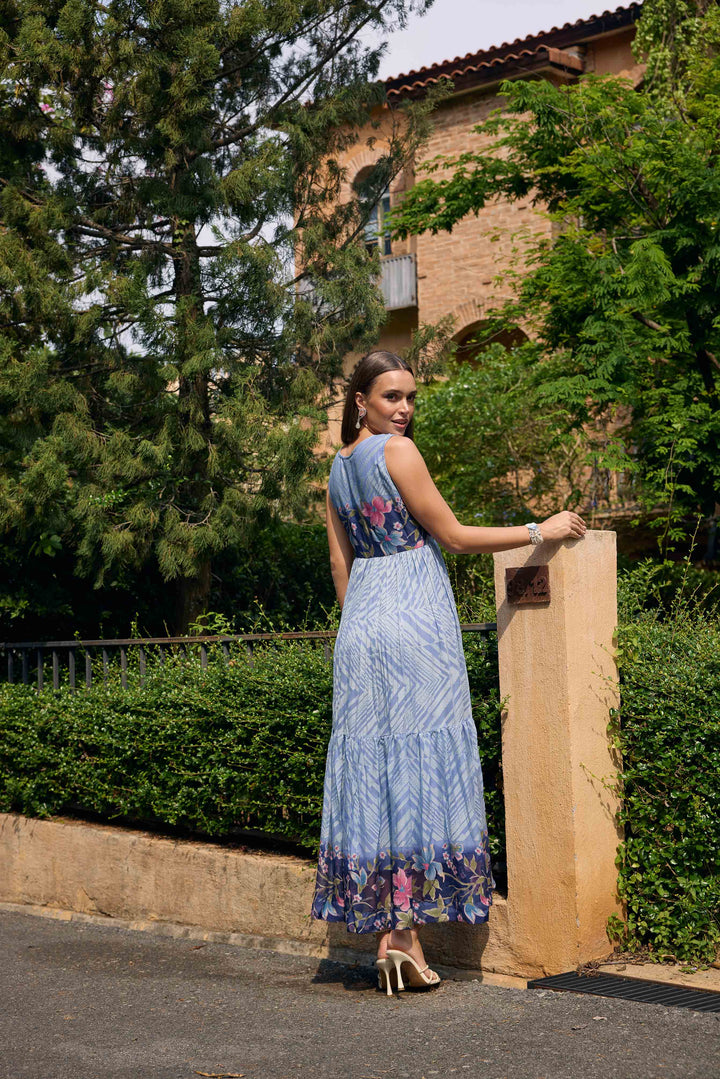 Neerus Blue Casual Maxi Chevron Dresses