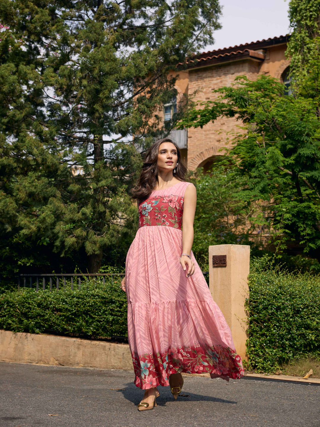 Neerus Pink Casual Maxi Chevron Dresses