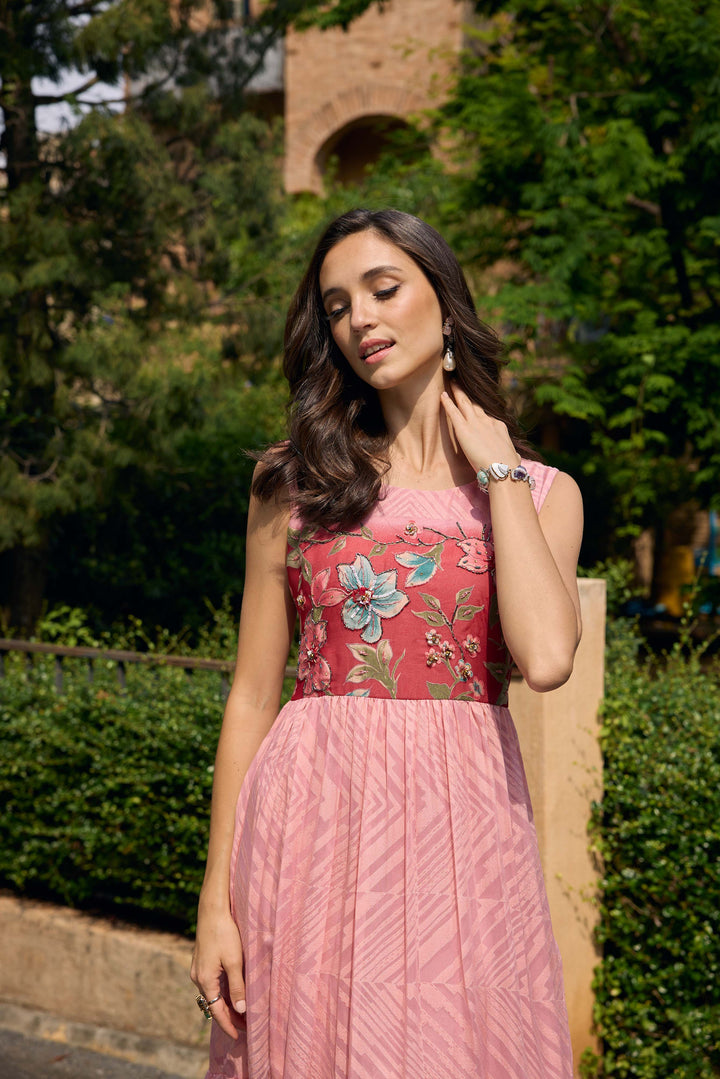 Neerus Pink Casual Maxi Chevron Dresses