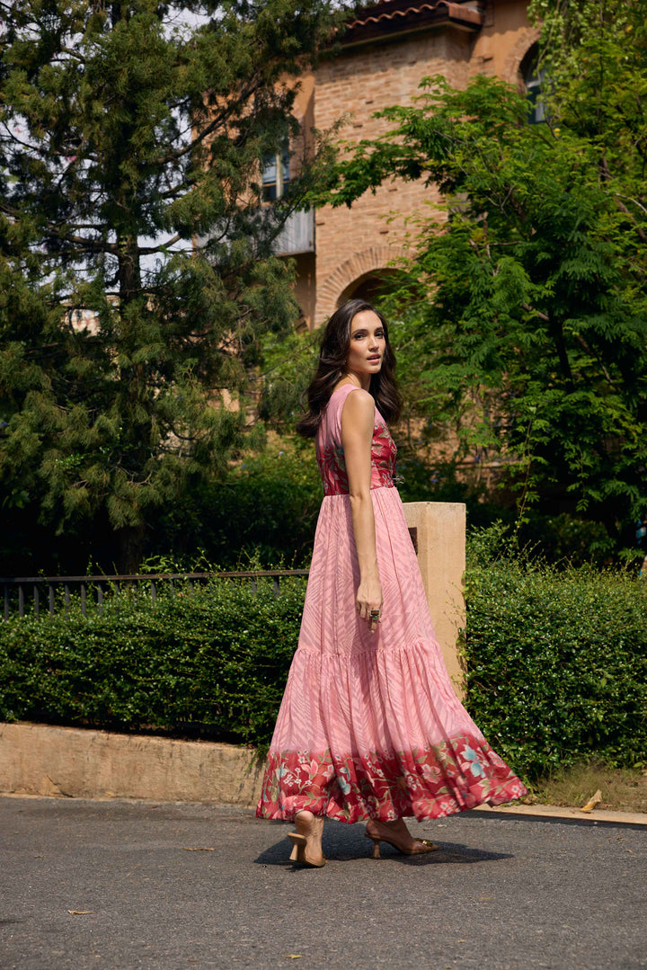 Neerus Pink Casual Maxi Chevron Dresses