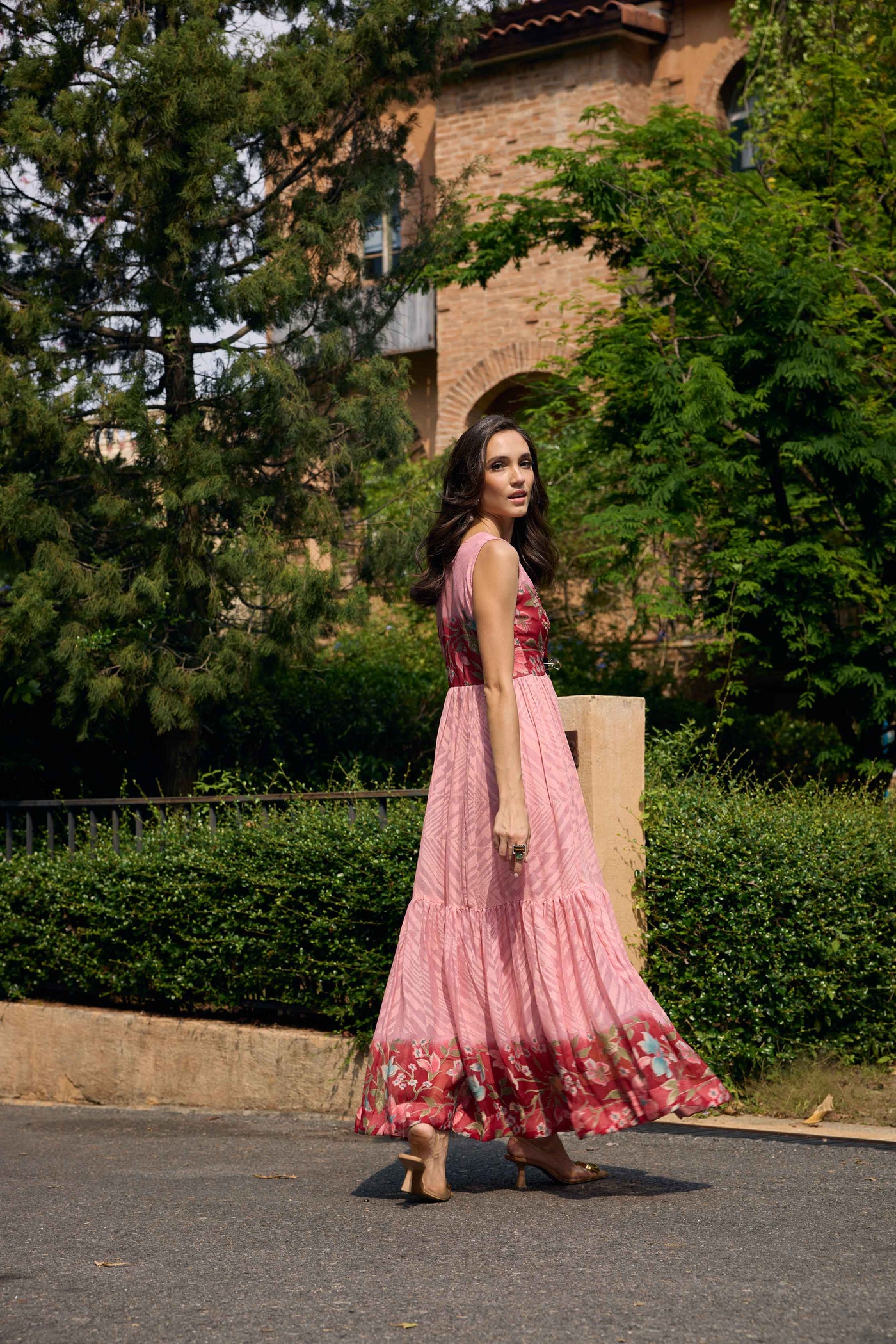 Neerus Pink Casual Maxi Chevron Dresses