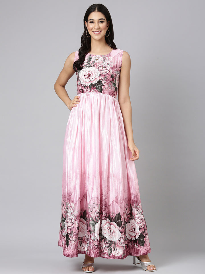 Neerus Baby Pink Casual Floral Maxi Dresses