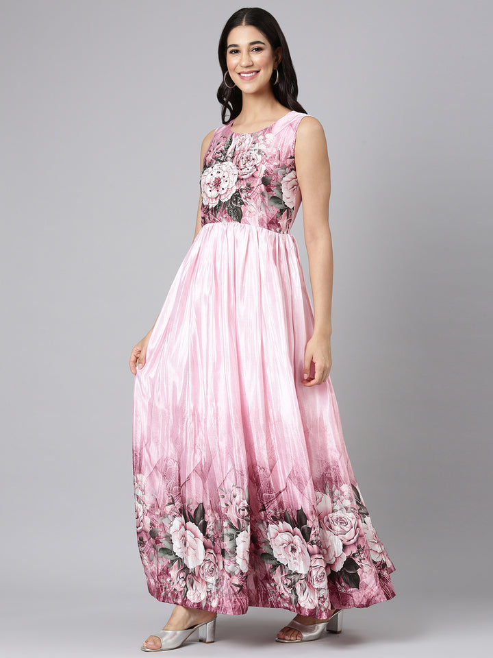 Neerus Baby Pink Casual Floral Maxi Dresses