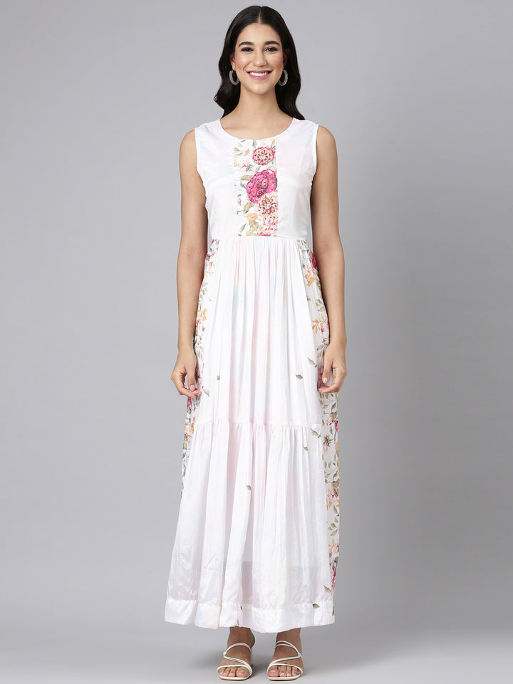 Neerus White Casual Floral Maxi Dresses