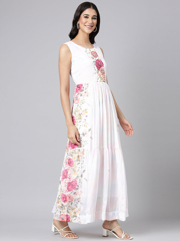 Neerus White Casual Floral Maxi Dresses