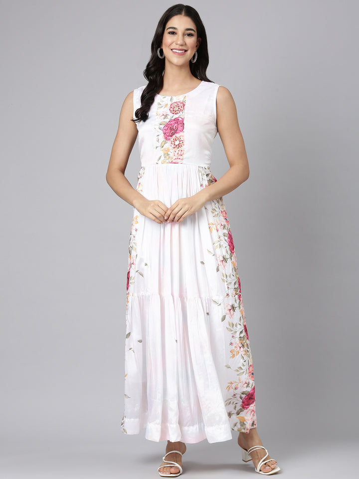 Neerus White Casual Floral Maxi Dresses
