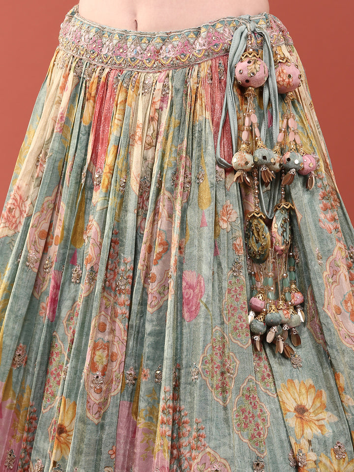 Ice Blue Crepe With Digital Print And Embroidered Ghagra Set