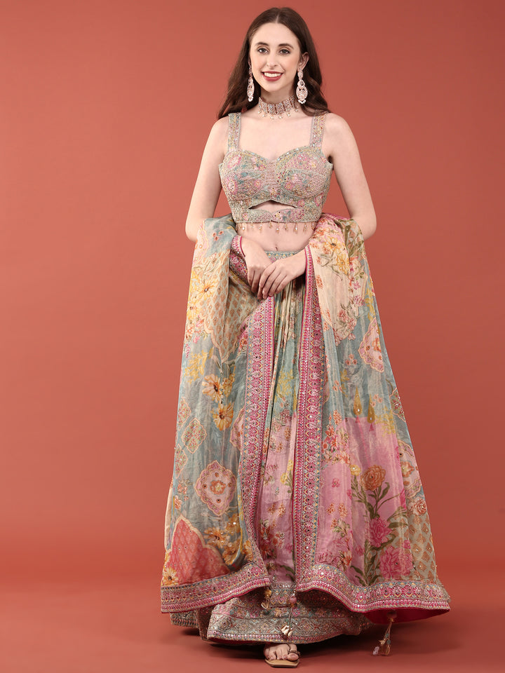 Ice Blue Crepe With Digital Print And Embroidered Ghagra Set