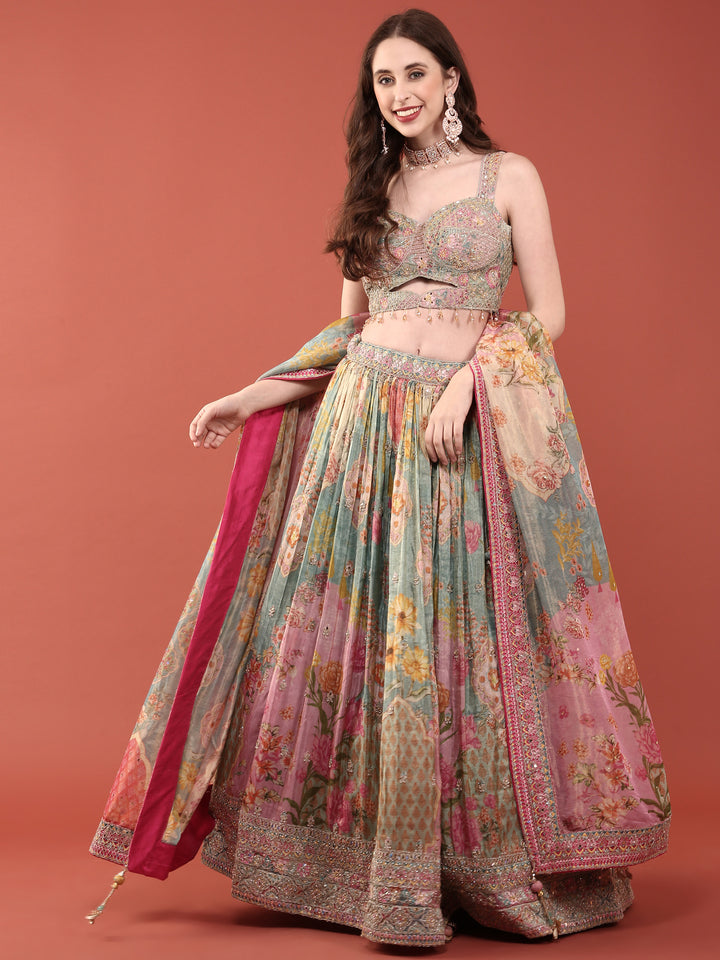 Ice Blue Crepe With Digital Print And Embroidered Ghagra Set