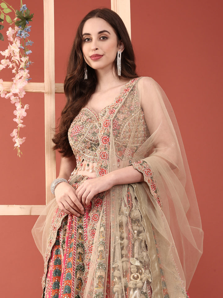 Green Crepe With Digital Print And Thread Work Ghagra Set