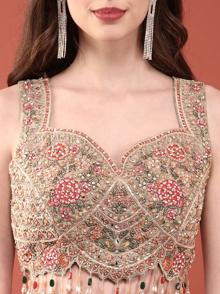 Green Crepe With Digital Print And Thread Work Ghagra Set