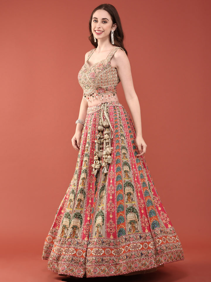 Green Crepe With Digital Print And Thread Work Ghagra Set