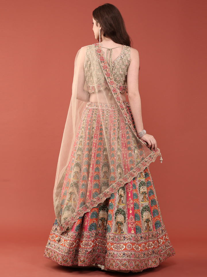 Green Crepe With Digital Print And Thread Work Ghagra Set