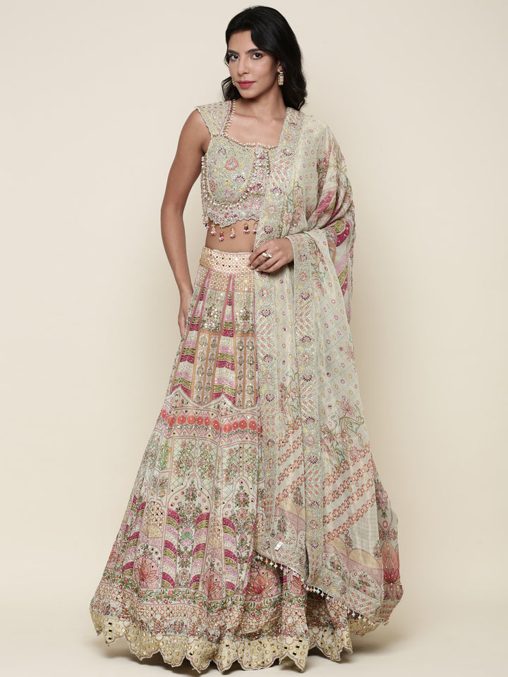 Pista Green Tissue digital printed embroidered ghagra set