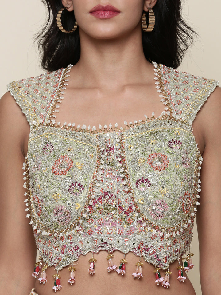 Pista Green Tissue digital printed embroidered ghagra set