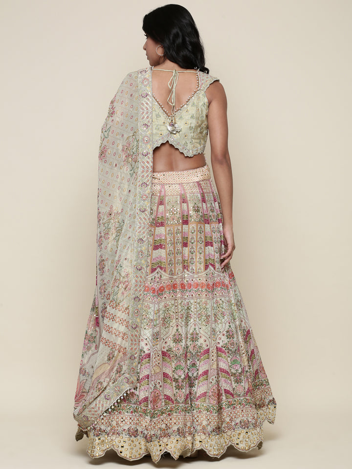 Pista Green Tissue digital printed embroidered ghagra set