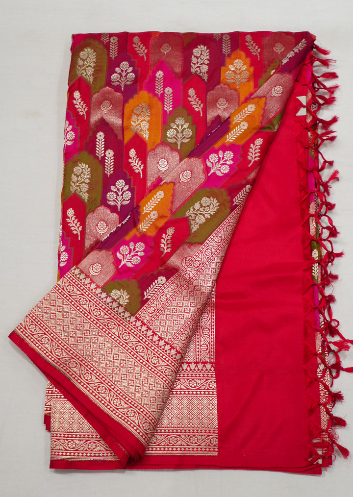 Red Banaras Silk Multicolor Zari And Handwoven Saree