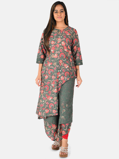Neerus Women Green Pink Printed A-Line Kurta