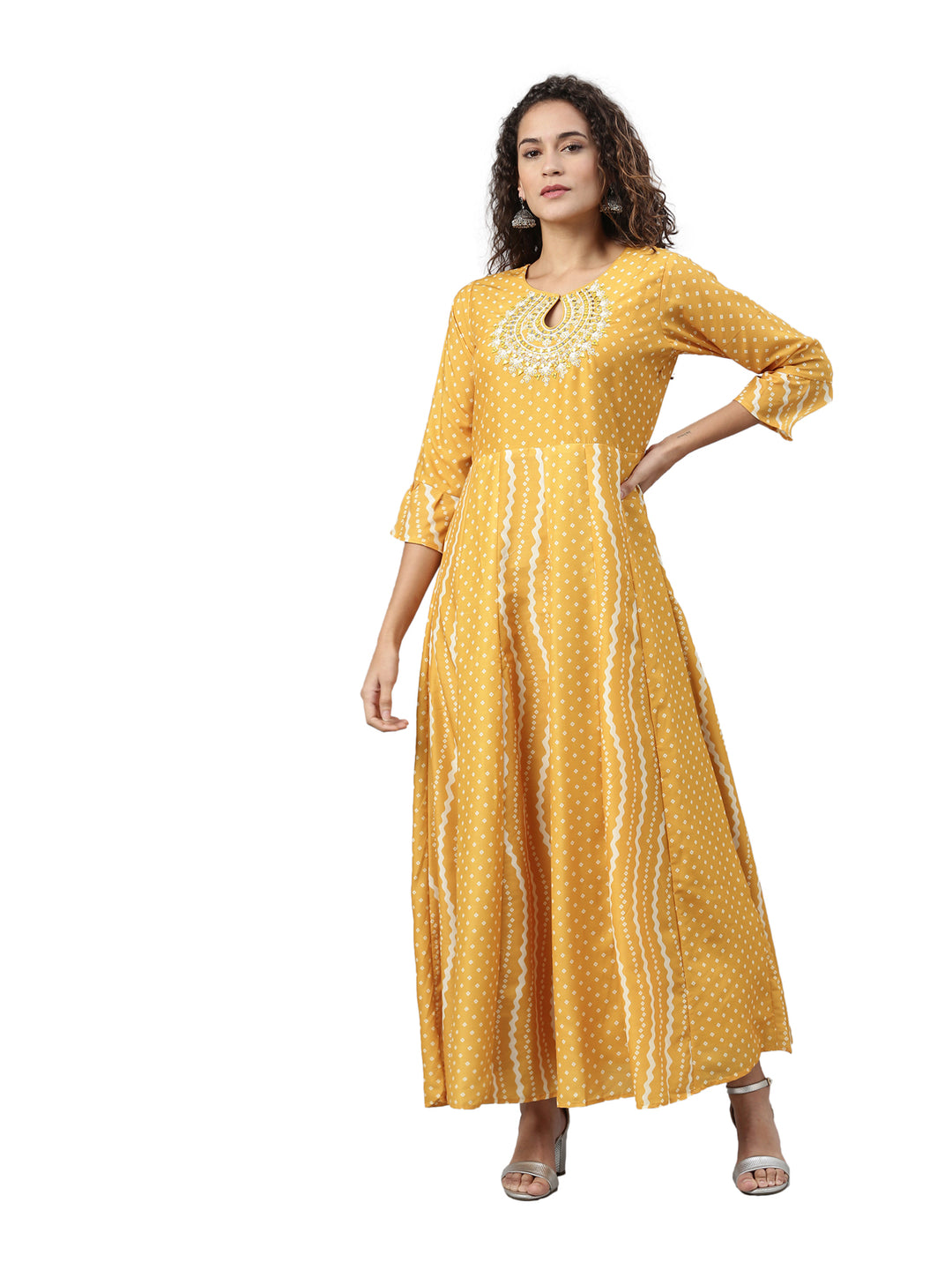 Neerus Yellow striped anarkali kurta - front view