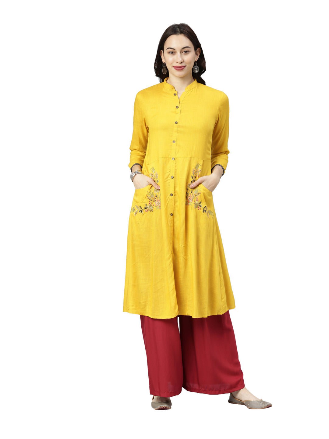 Neerus Yellow cotton solid kurti - front view