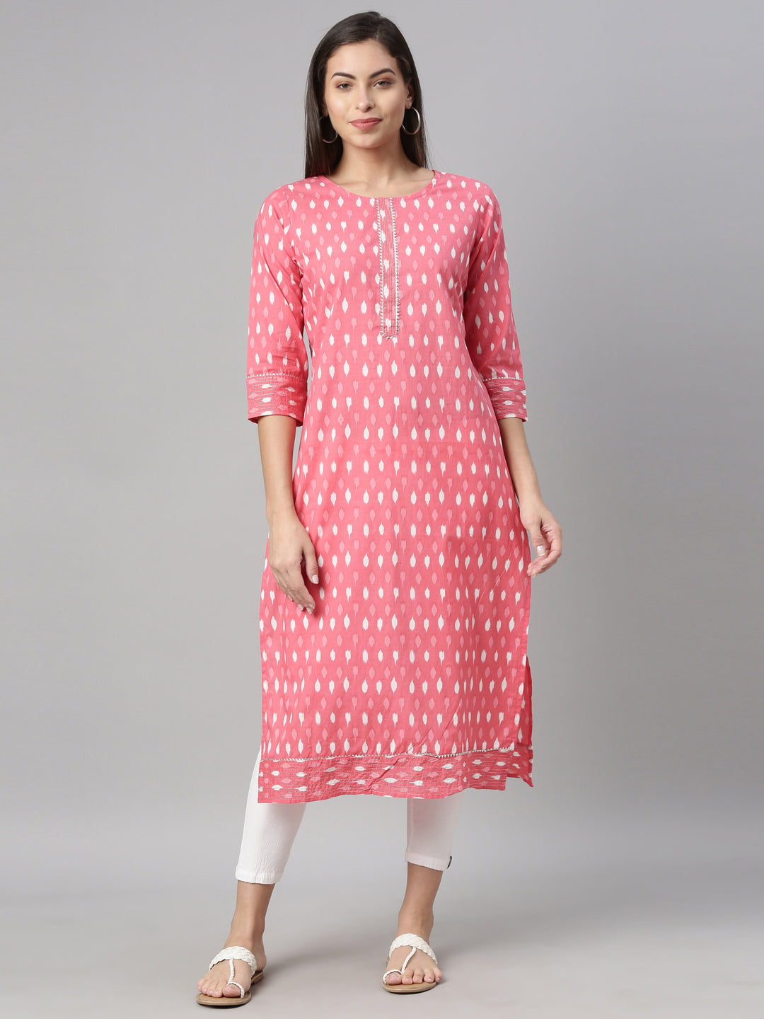 Neerus Pink cotton printed kurta geometric design - front view