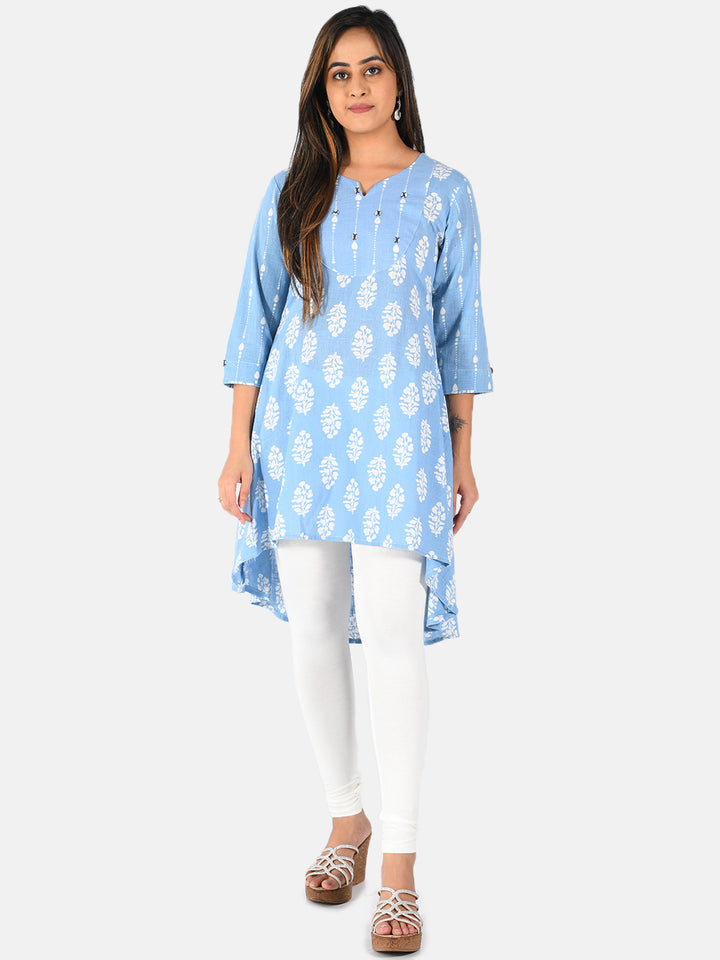 Neerus Blue printed A-Line kurta for women - front view
