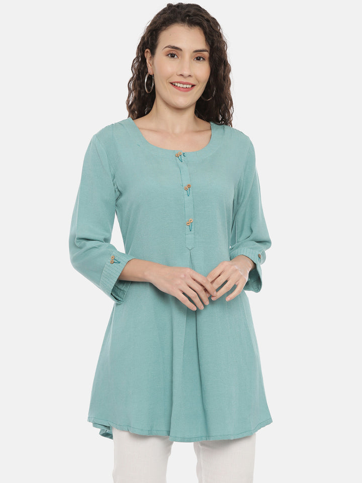 Neerus Green cotton thread embroidered kurti - front view