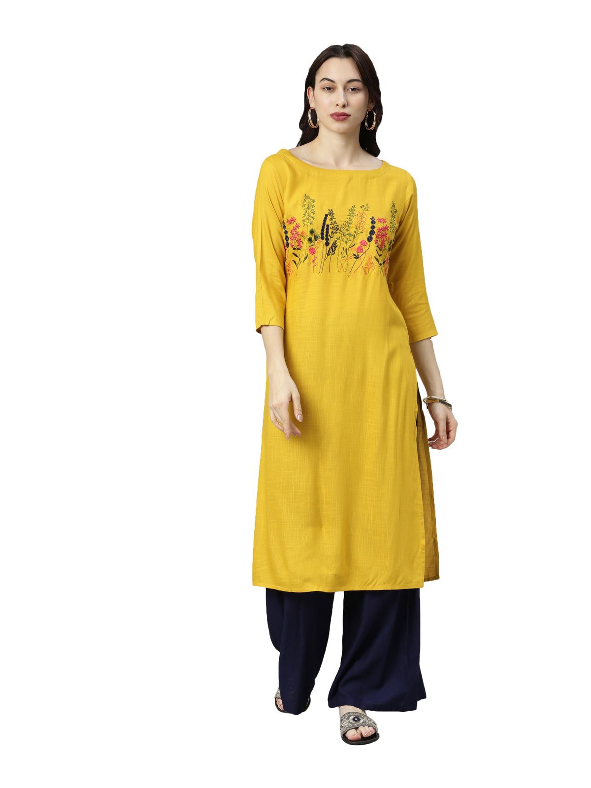 Neerus Women Mustard Floral Embroidered Thread Work Kurta