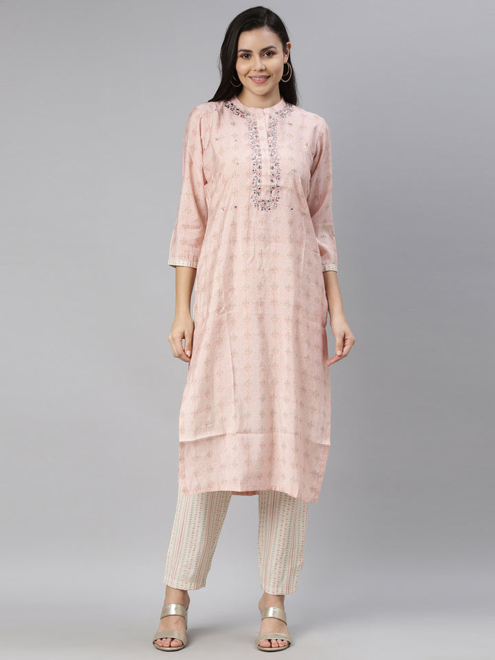 Neerus Women Pink Ethnic Motifs Printed Mirror Work Kurti with Trousers