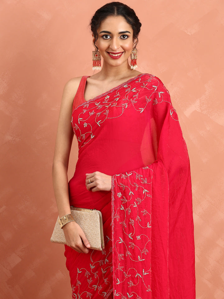 Rani pink Jimmy saree with cut dana & Swarovski hand embroidery