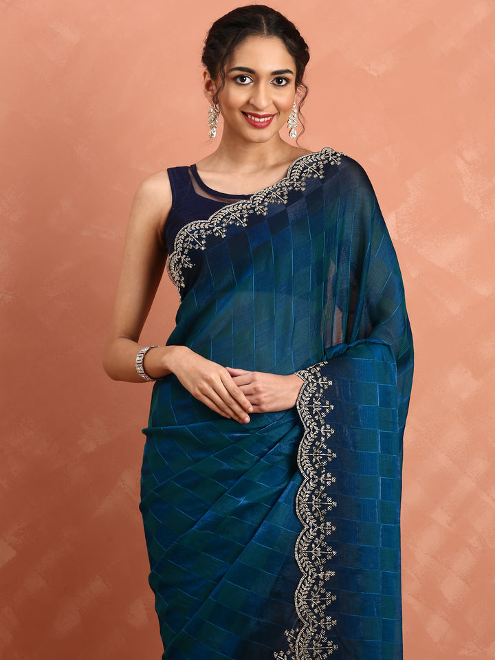 Peacock Jacquard Satin Organza Saree With Hand Embroidery