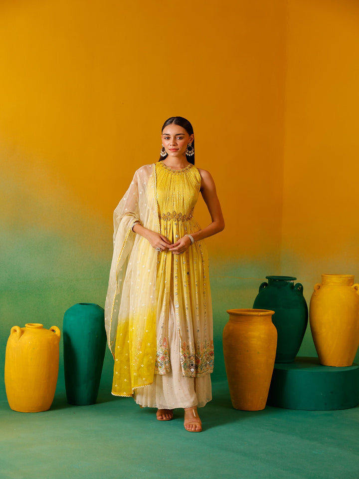 Neerus Yellow Sequence work Chinon Fabric Anarkali Set