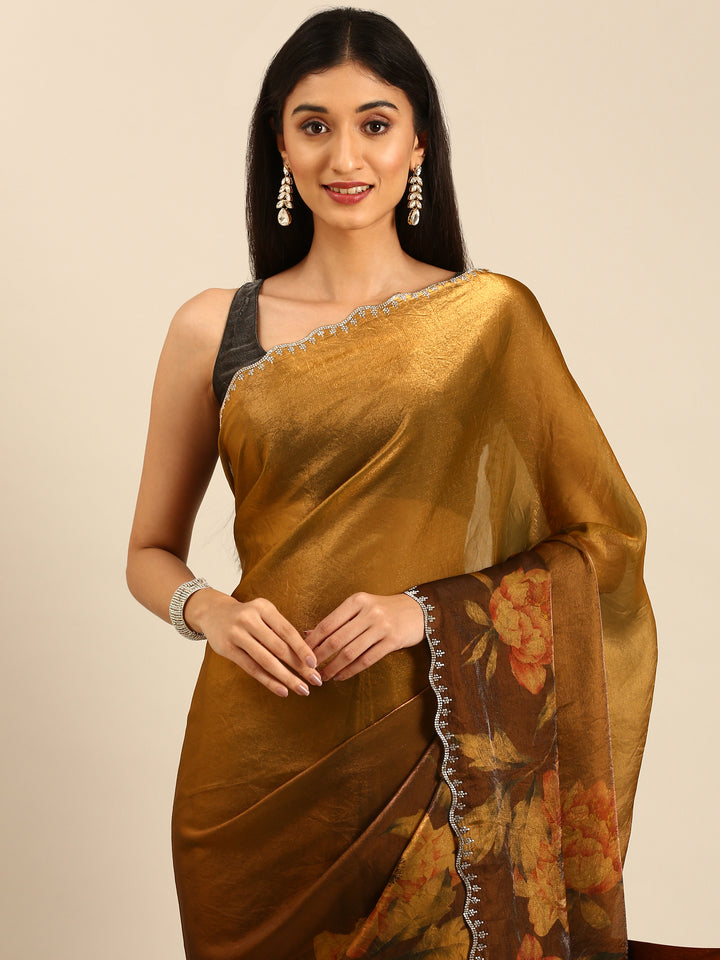 Gold & Rust Floral Printed Jimmy Tissue Saree With Swarovski Embroidery