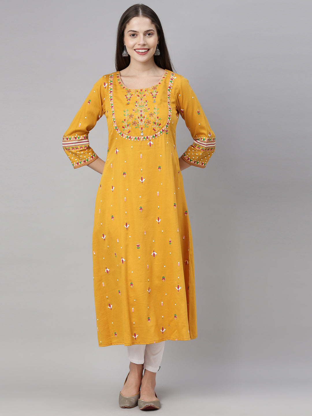 Neerus Women Mustard Floral Embroidered Kurta