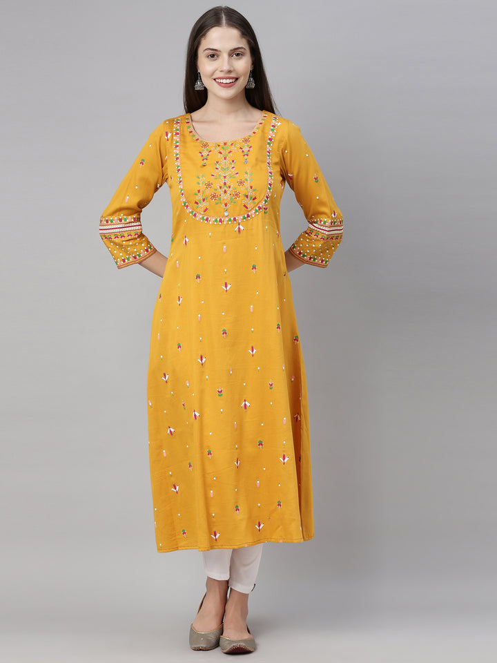 Neerus Women Mustard Floral Embroidered Kurta