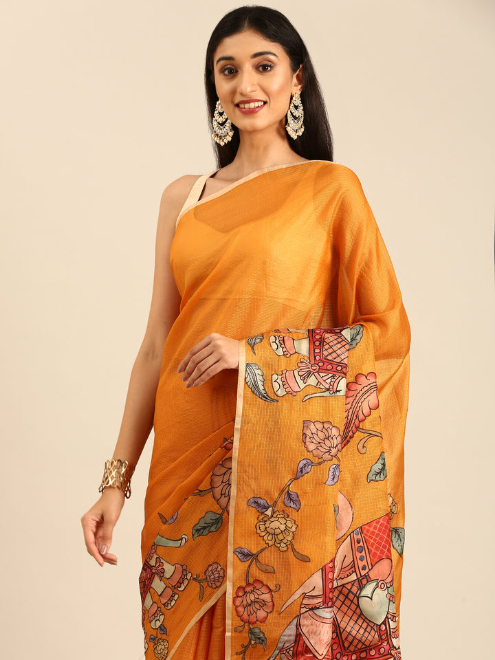 Mustard Kota Saree With Kalamkari Appliqué Work On Pallu