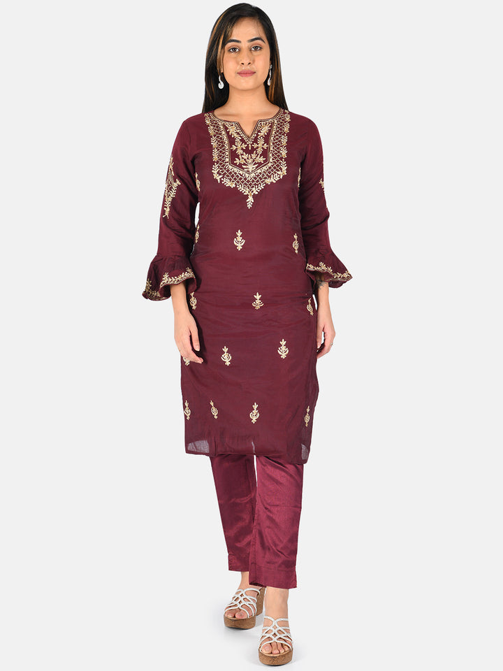 Neerus Maroon embroidered straight kurta - front view