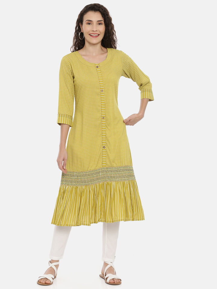 Neerus Women Lime Green White Checked A-Line Kurta