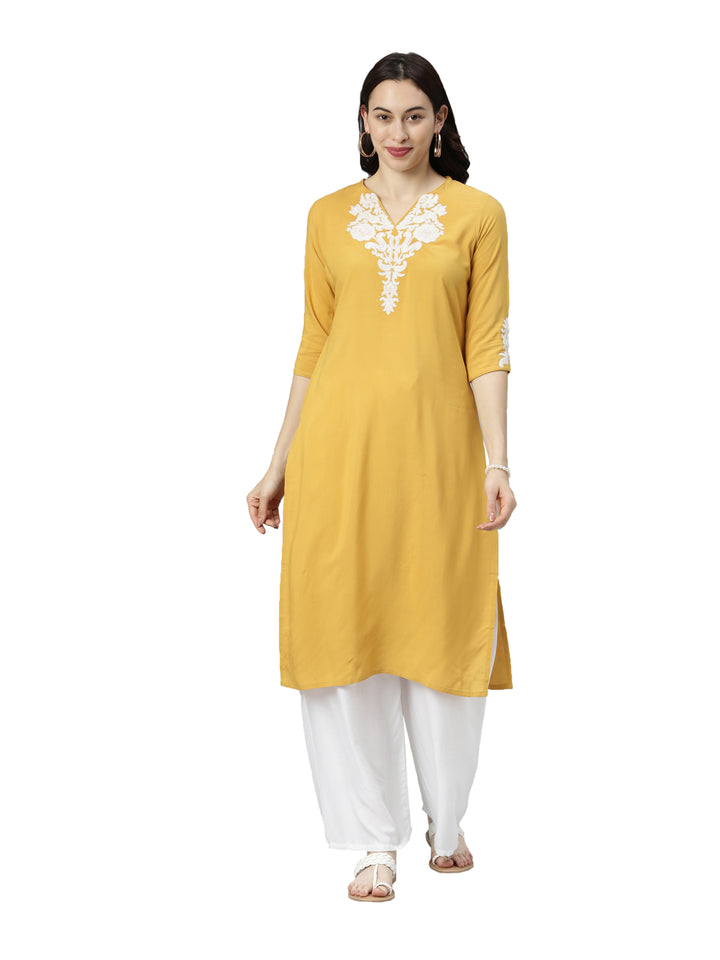 Neerus Yellow rayon thread embroidered kurti - front view